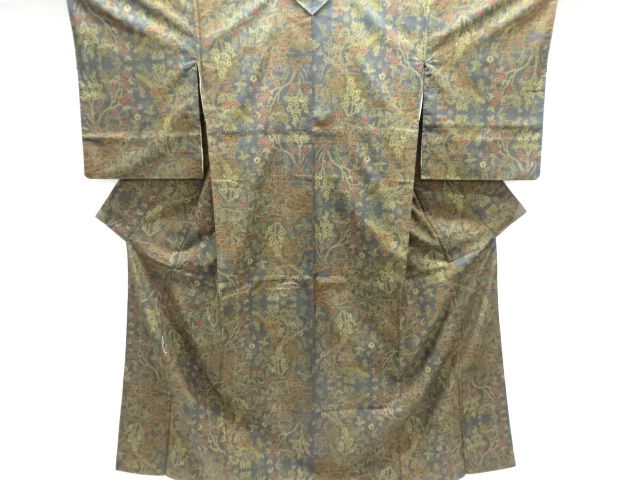 JAPANESE KIMONO / SILK / DORO OSHIMA TSUMUGI / WOVEN FLORAL PLANTS